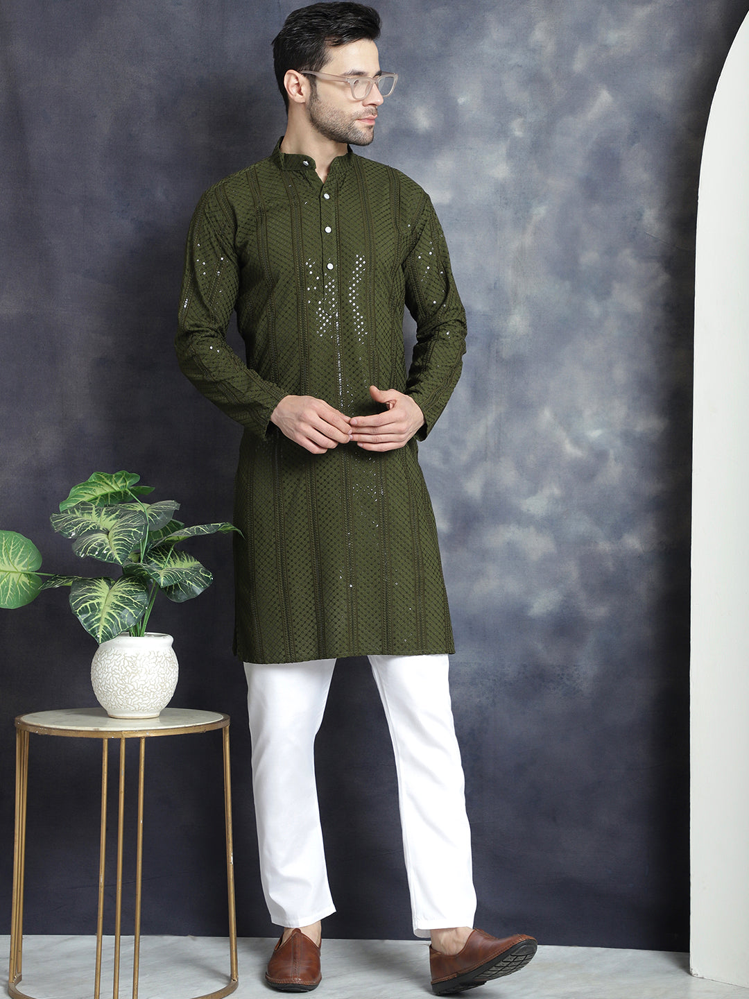 Jompers Men's Sequins Chikankari Embroidered Kurta - Mehndi | Grocsy