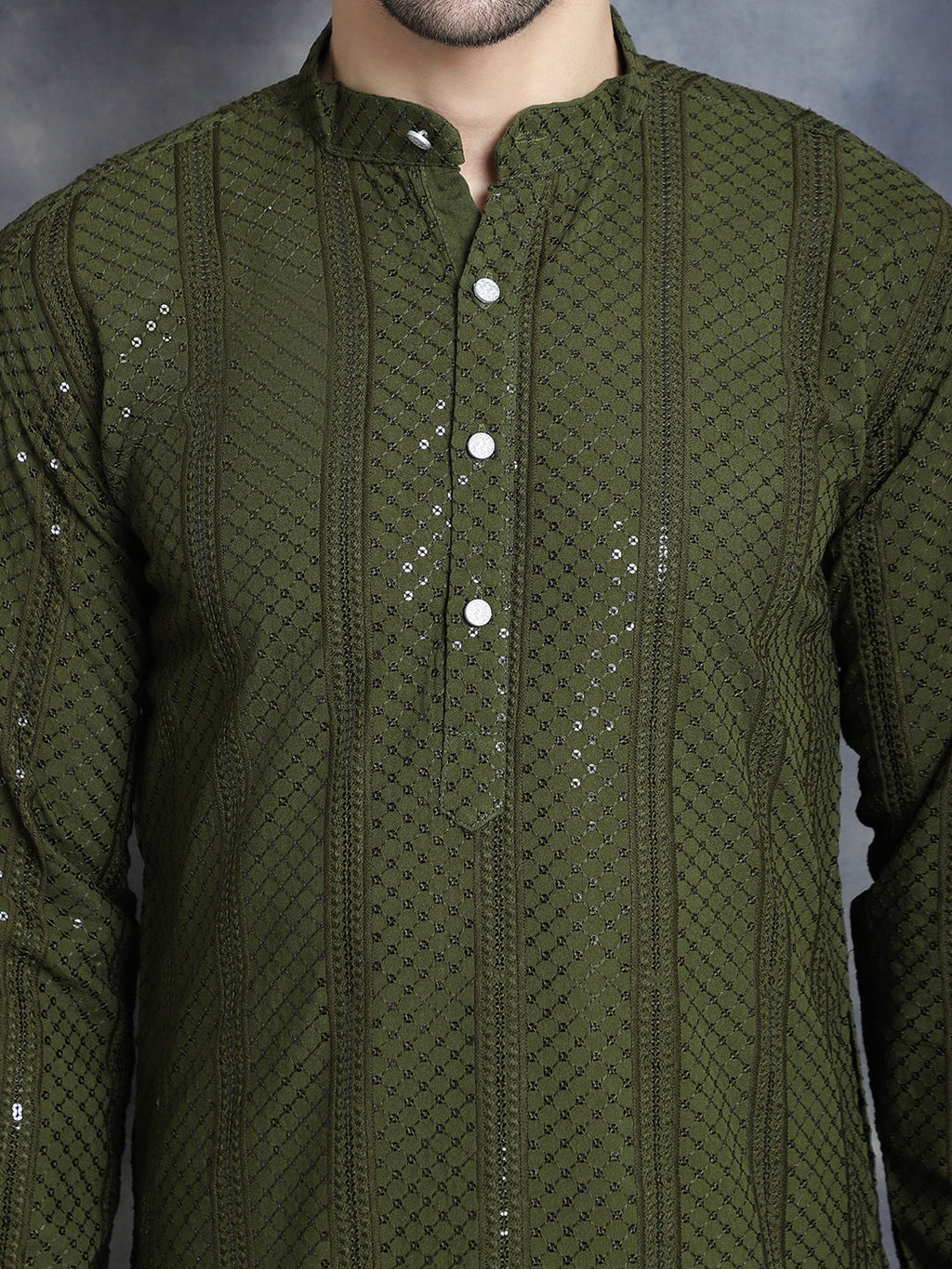 Jompers Men's Sequins Chikankari Embroidered Kurta - Mehndi | Grocsy