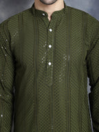 Jompers Men's Sequins Chikankari Embroidered Kurta - Mehndi | Grocsy