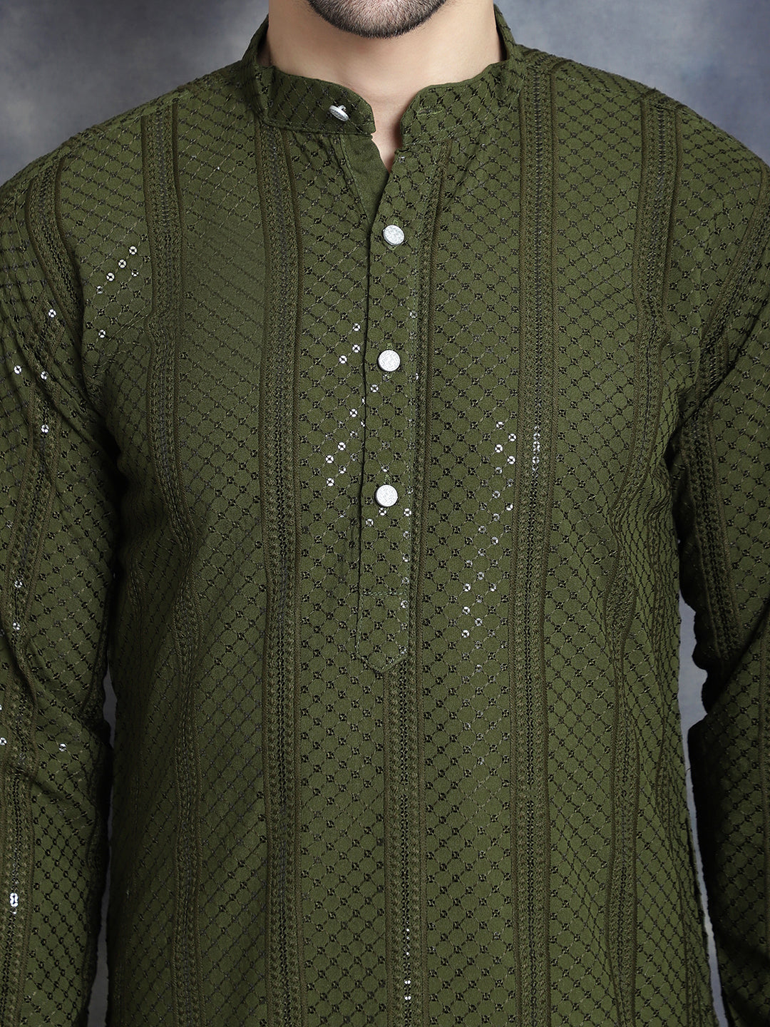 Jompers Men's Sequins Chikankari Embroidered Kurta - Mehndi | Grocsy