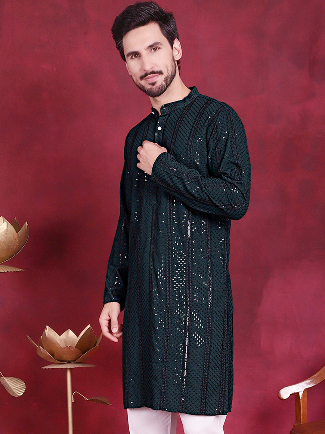 Jompers Men's Sequins Chikankari Embroidered Kurta - Olive | Grocsy