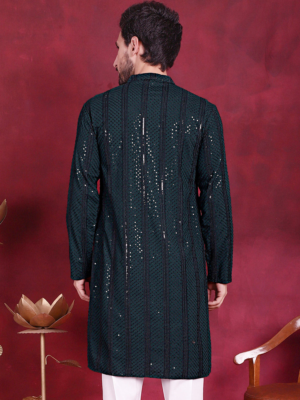 Jompers Men's Sequins Chikankari Embroidered Kurta - Olive | Grocsy