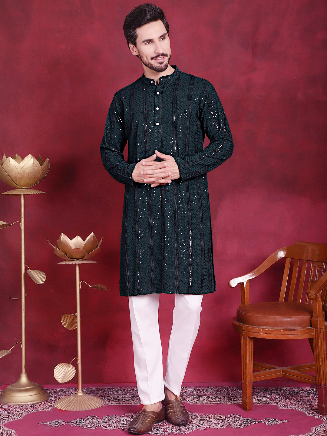 Jompers Men's Sequins Chikankari Embroidered Kurta - Olive | Grocsy