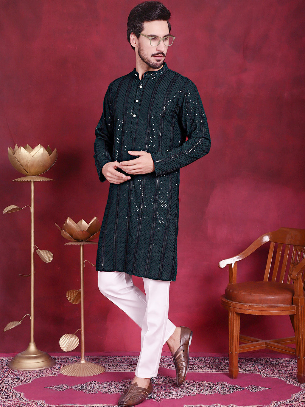 Jompers Men's Sequins Chikankari Embroidered Kurta - Olive | Grocsy