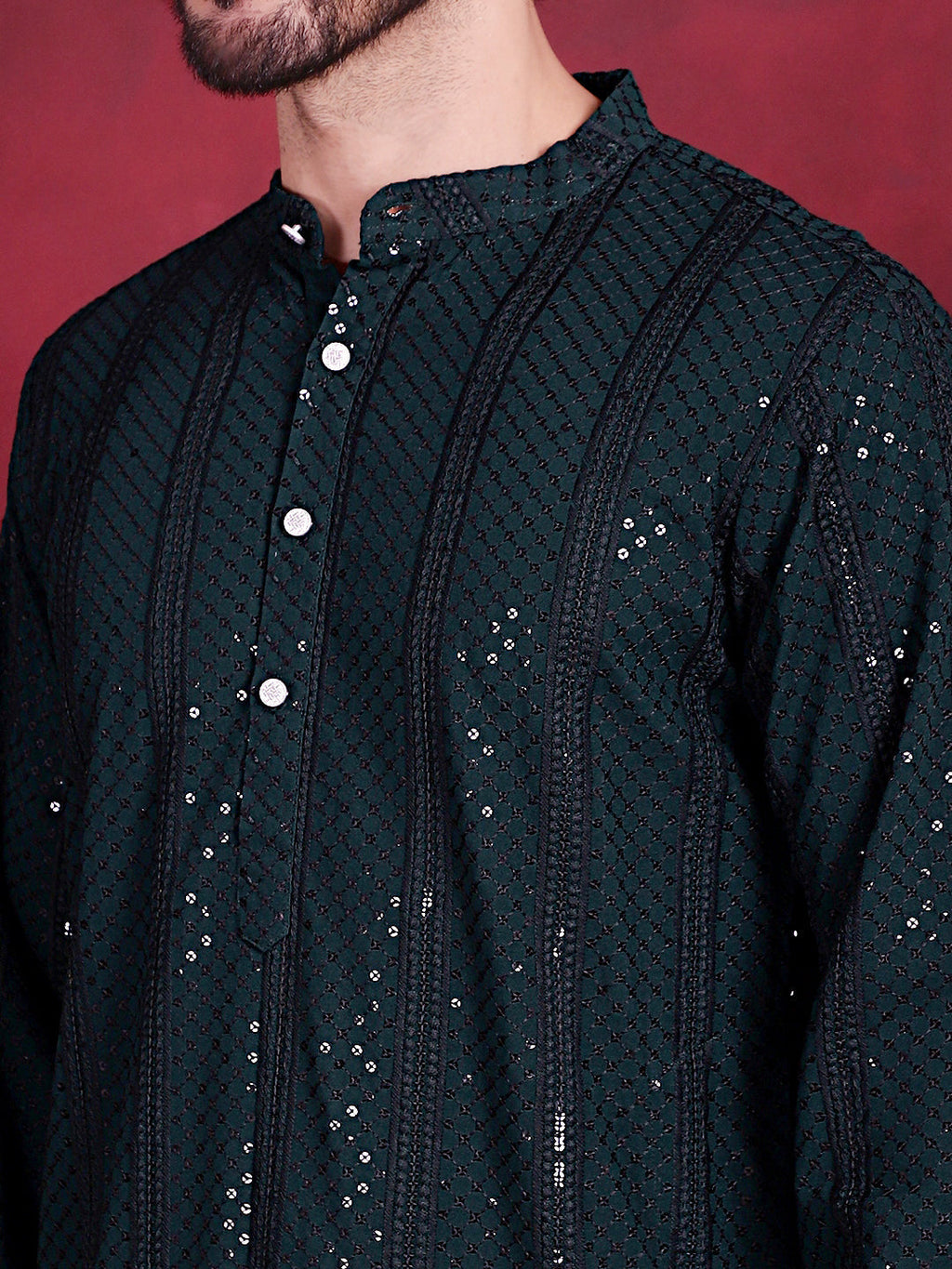 Jompers Men's Sequins Chikankari Embroidered Kurta - Olive | Grocsy
