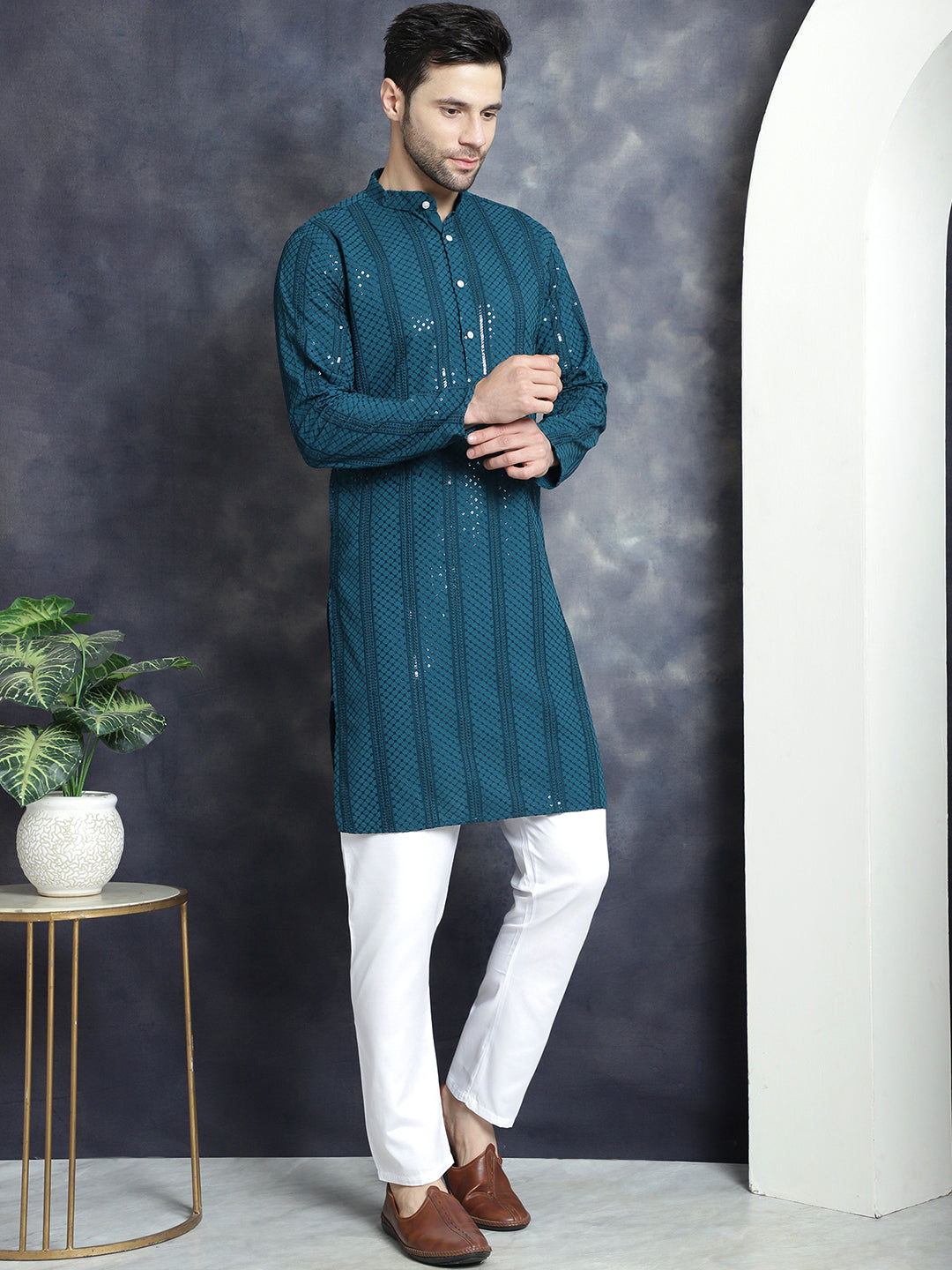 Jompers Men's Sequins Chikankari Embroidered Kurta - Peacock | Grocsy