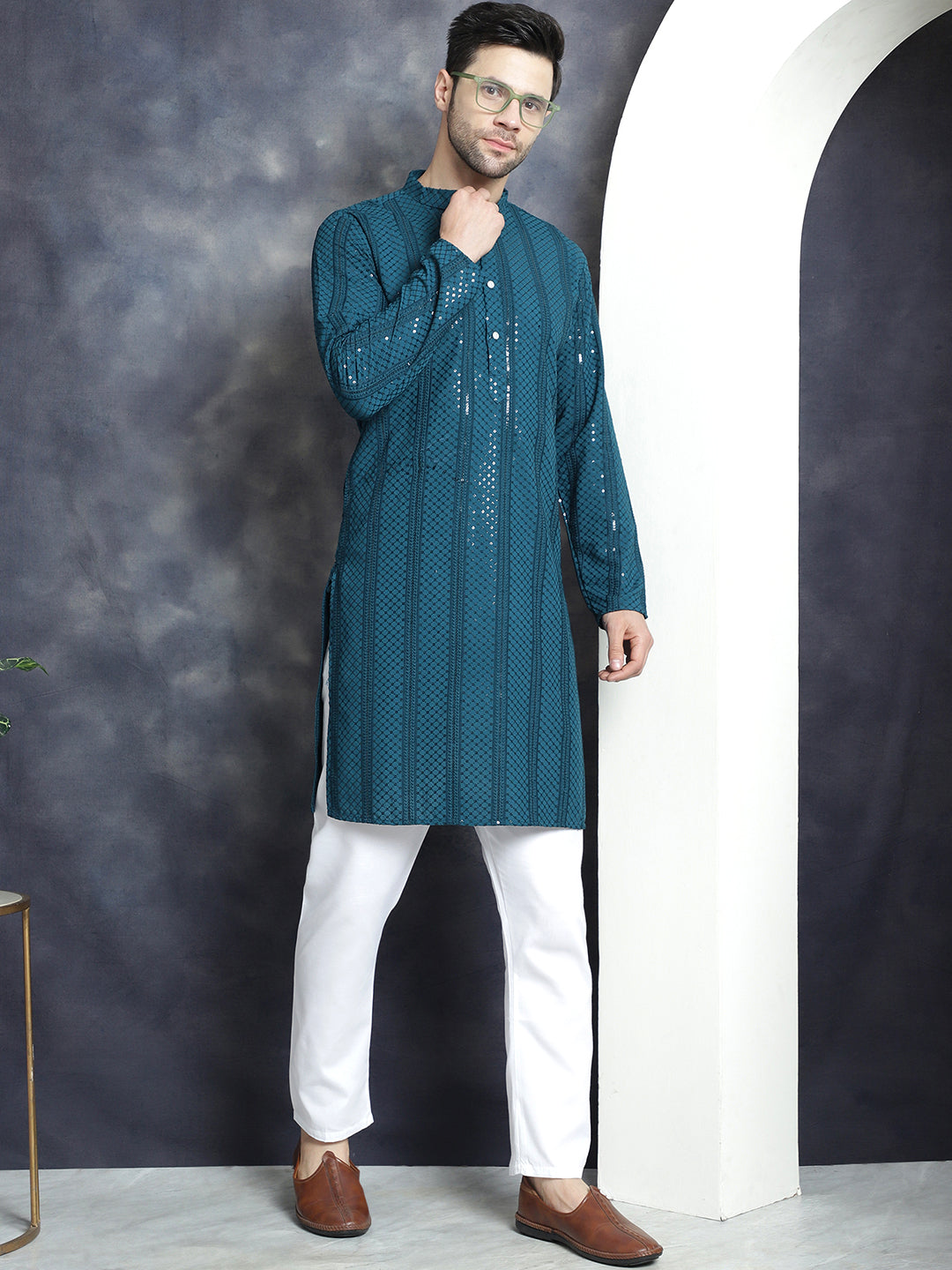 Jompers Men's Sequins Chikankari Embroidered Kurta - Peacock | Grocsy