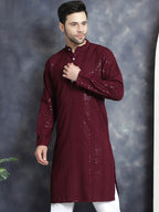 Jompers Men's Sequins Chikankari Embroidered Kurta - Purple | Grocsy