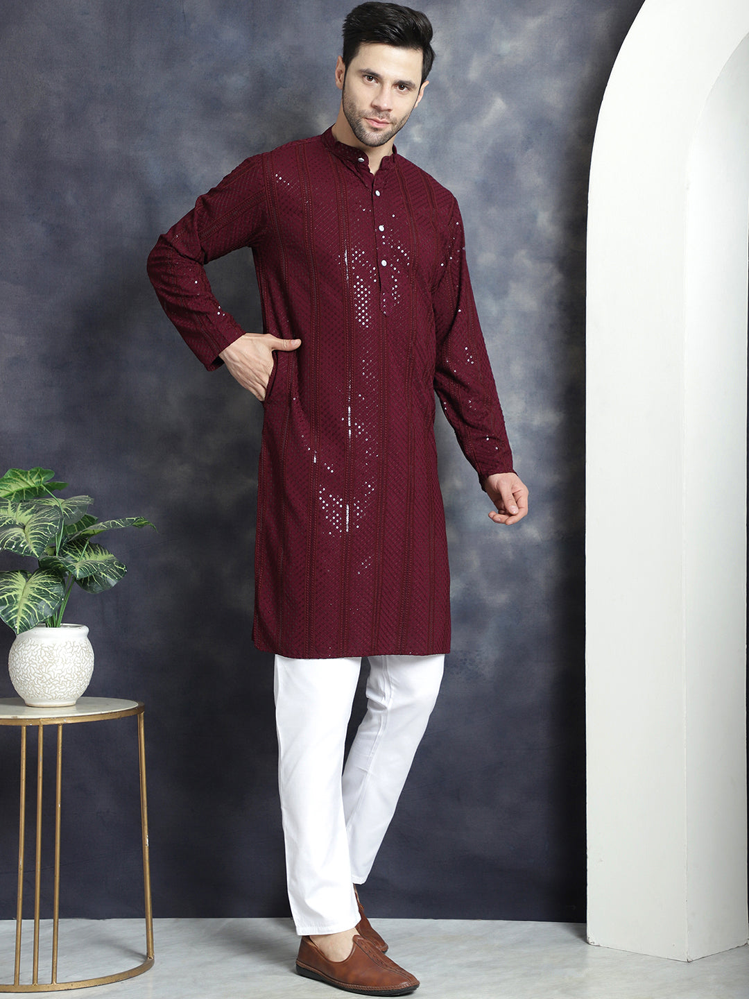 Jompers Men's Sequins Chikankari Embroidered Kurta - Purple | Grocsy