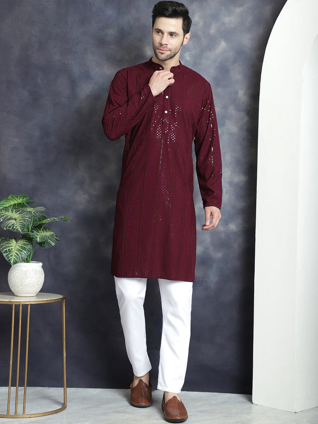 Jompers Men's Sequins Chikankari Embroidered Kurta - Purple | Grocsy