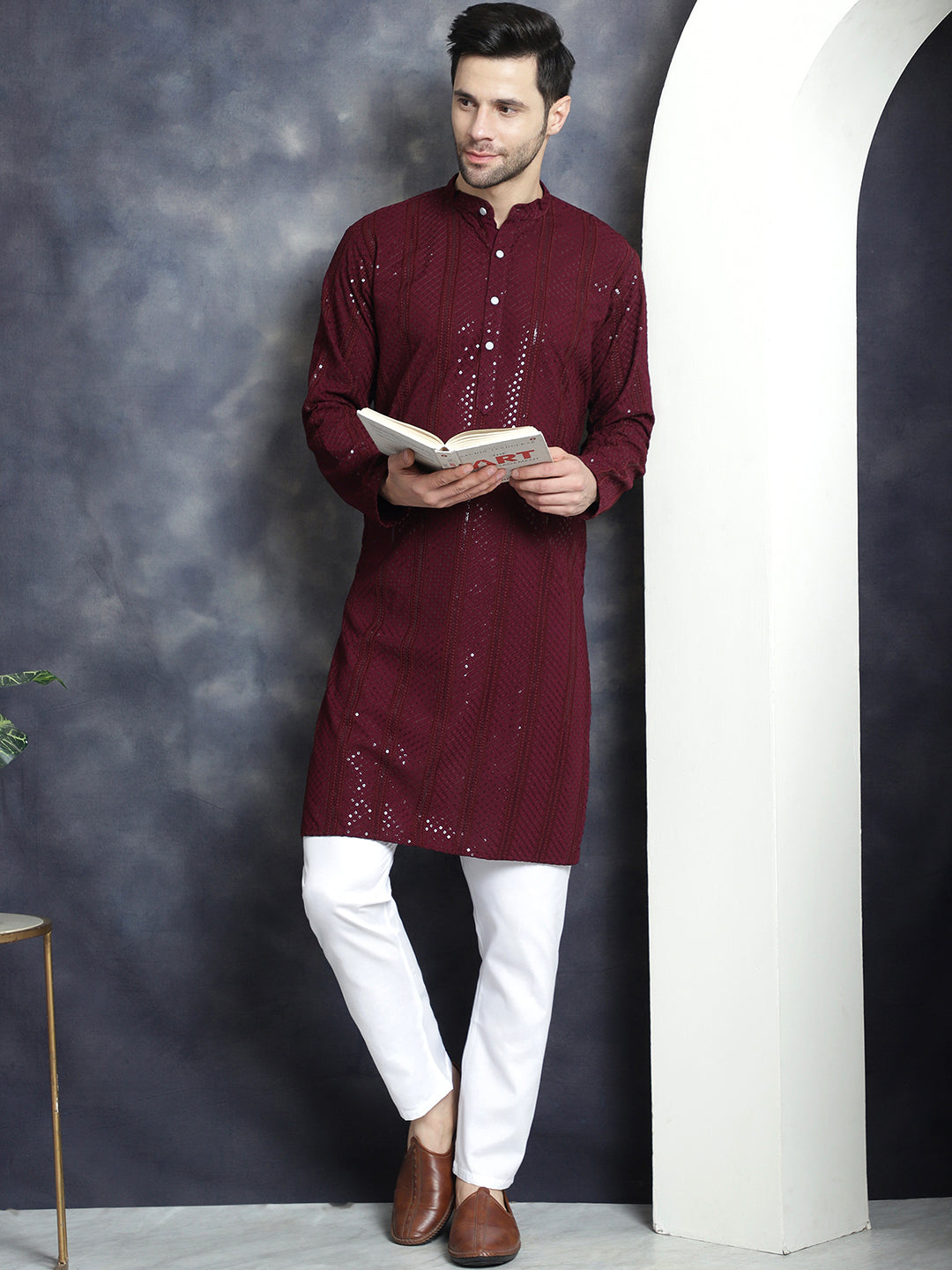 Jompers Men's Sequins Chikankari Embroidered Kurta - Purple | Grocsy