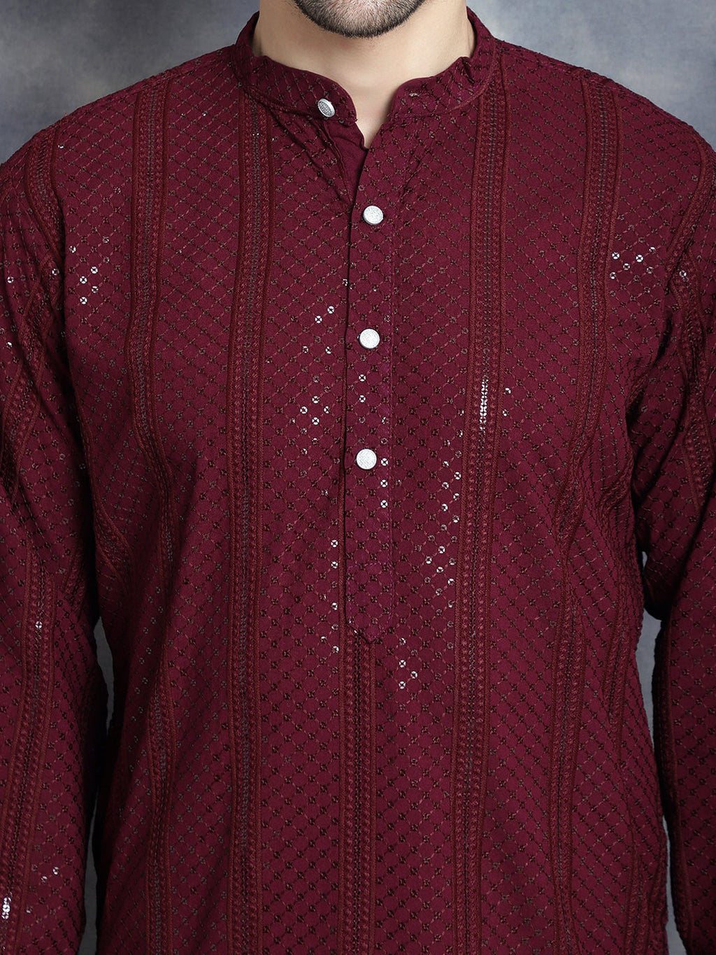 Jompers Men's Sequins Chikankari Embroidered Kurta - Purple | Grocsy