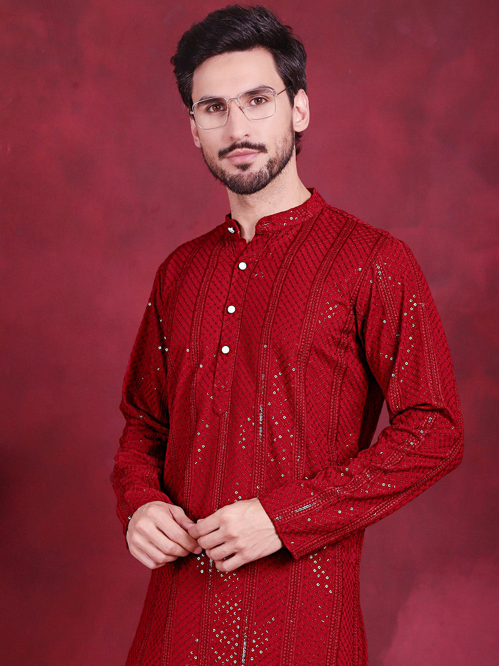 Jompers Men's Sequins Chikankari Embroidered Kurta - Red | Grocsy