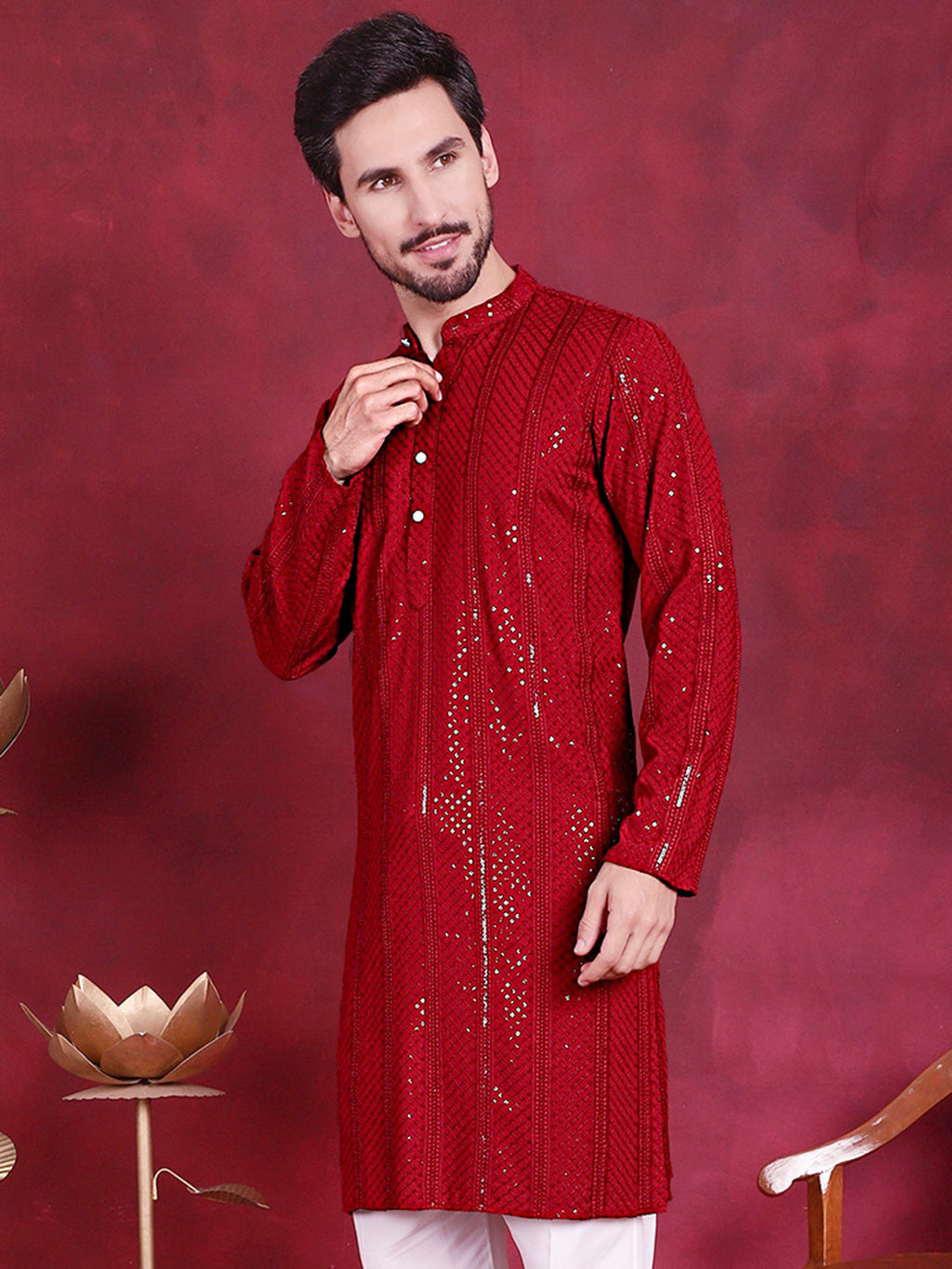 Jompers Men's Sequins Chikankari Embroidered Kurta - Red | Grocsy
