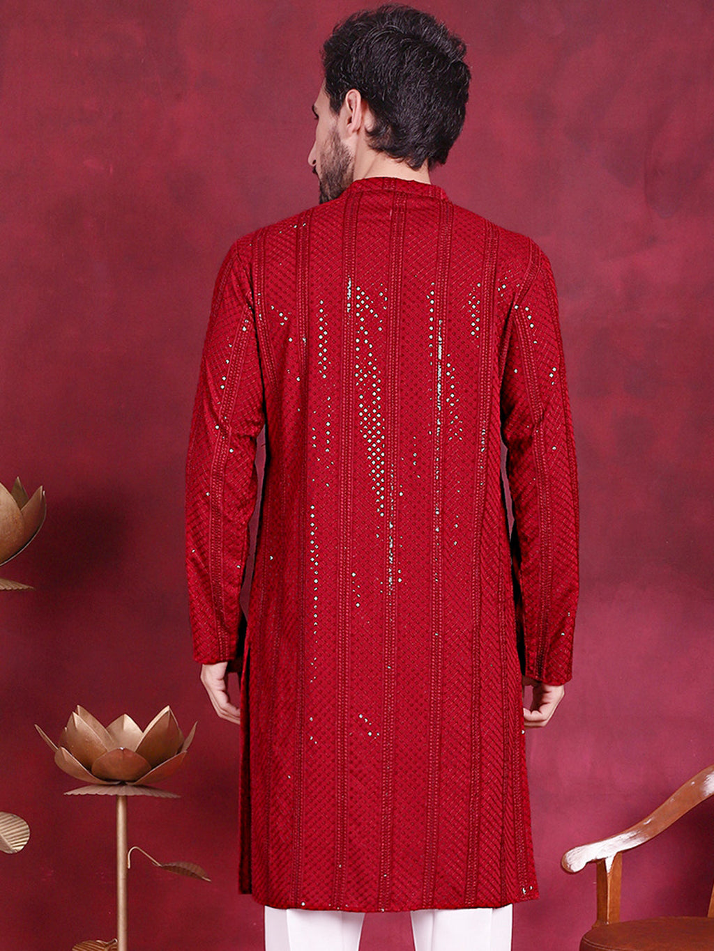 Jompers Men's Sequins Chikankari Embroidered Kurta - Red | Grocsy