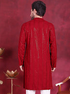 Jompers Men's Sequins Chikankari Embroidered Kurta - Red | Grocsy