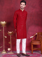 Jompers Men's Sequins Chikankari Embroidered Kurta - Red | Grocsy