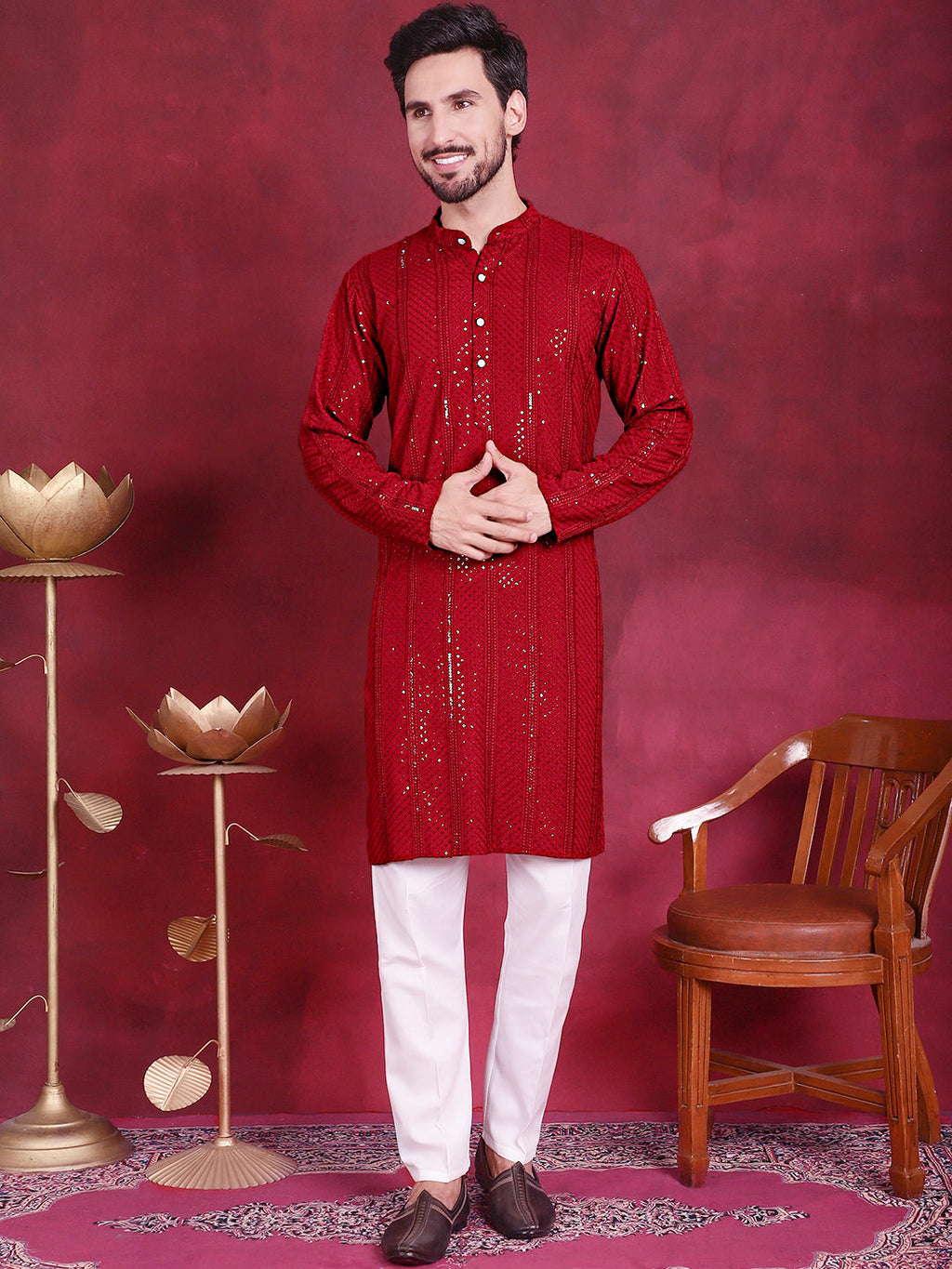 Jompers Men's Sequins Chikankari Embroidered Kurta - Red | Grocsy