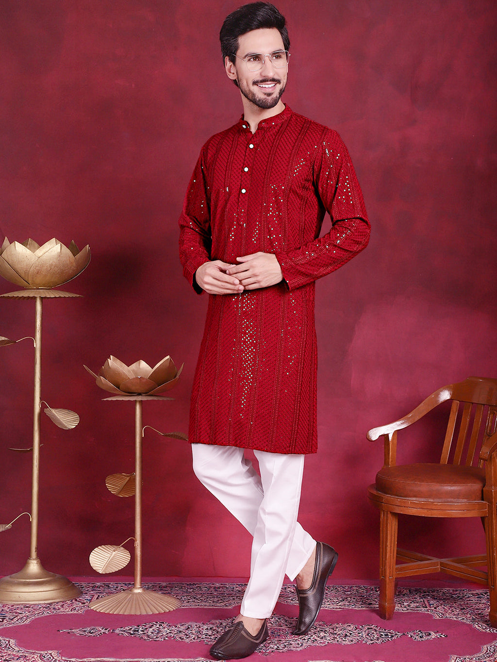 Jompers Men's Sequins Chikankari Embroidered Kurta - Red | Grocsy