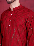 Jompers Men's Sequins Chikankari Embroidered Kurta - Red | Grocsy