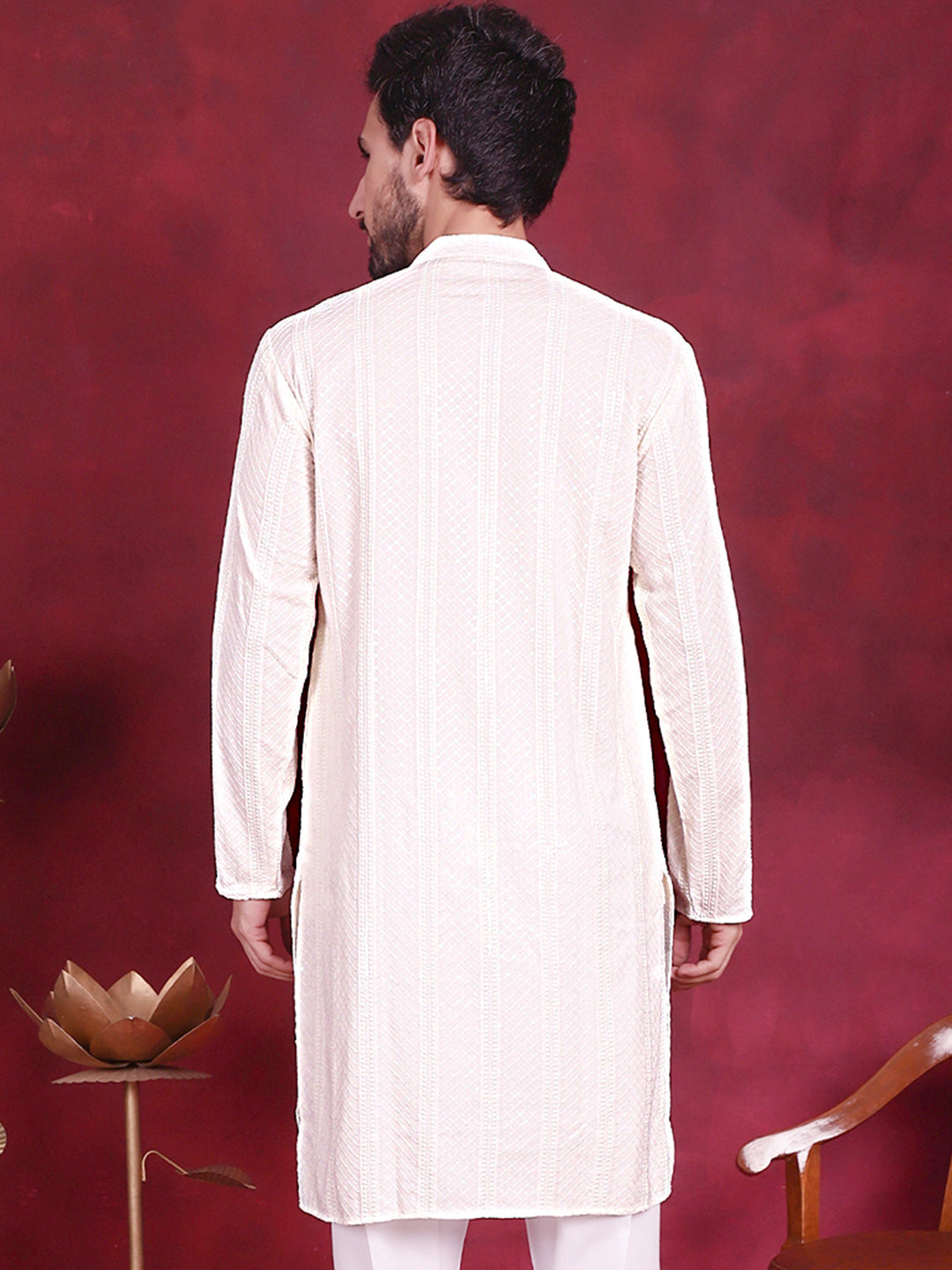 Jompers Men's Sequins Chikankari Embroidered Kurta - White | Grocsy