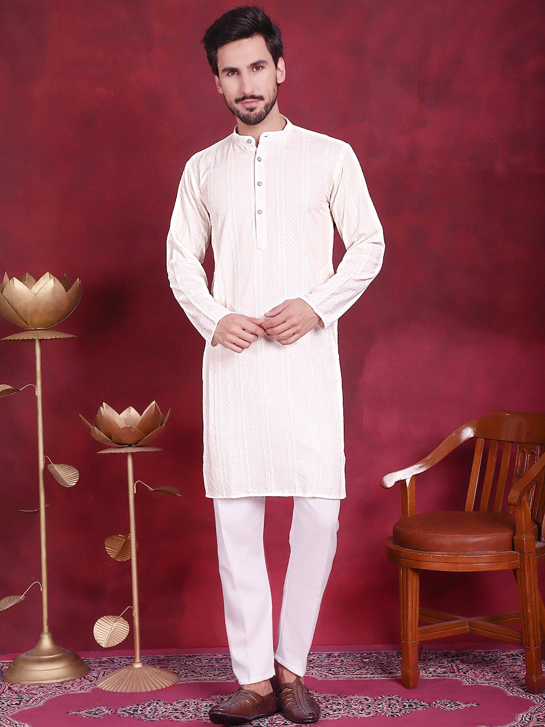 Jompers Men's Sequins Chikankari Embroidered Kurta - White | Grocsy
