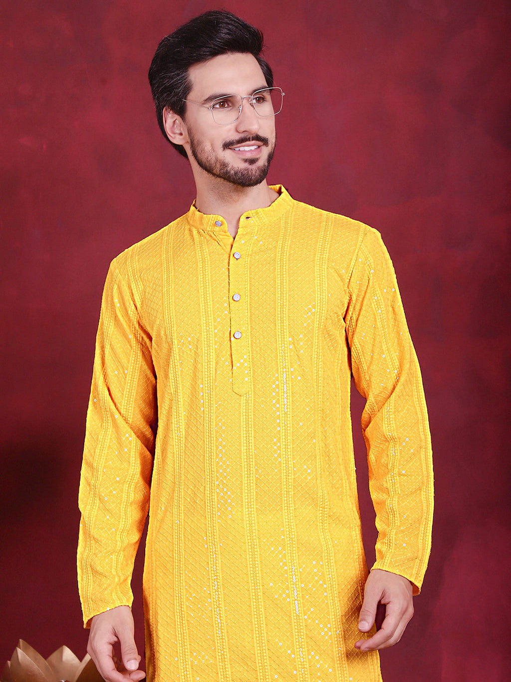 Jompers Men's Sequins Chikankari Embroidered Kurta - Yellow | Grocsy