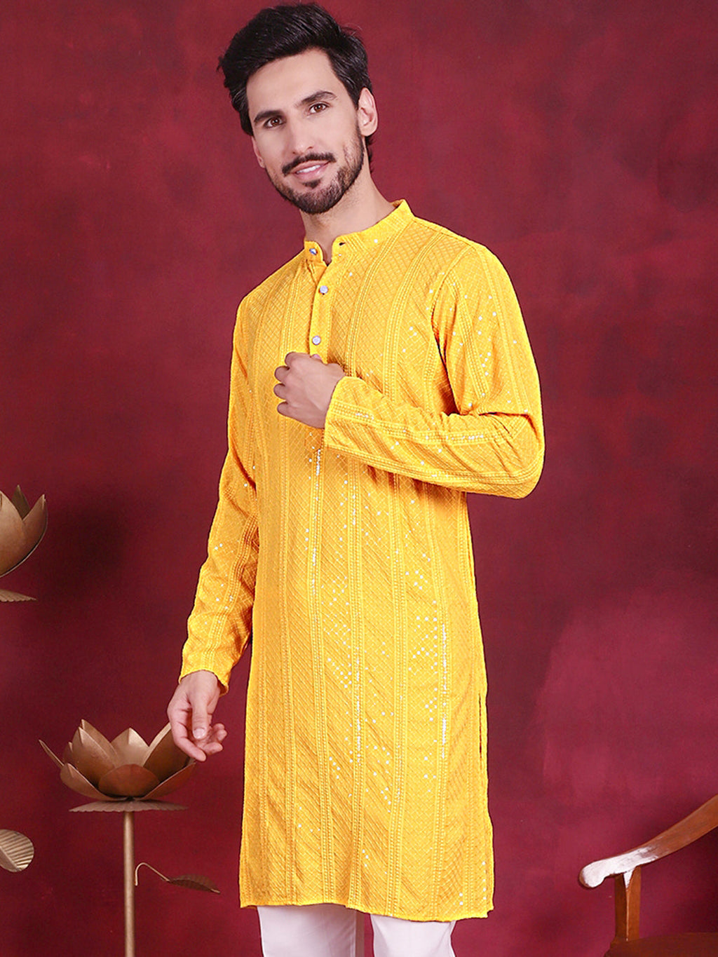 Jompers Men's Sequins Chikankari Embroidered Kurta - Yellow | Grocsy