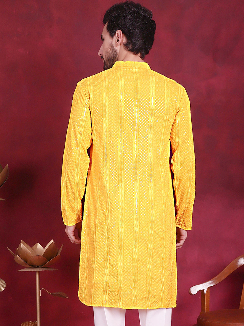 Jompers Men's Sequins Chikankari Embroidered Kurta - Yellow | Grocsy
