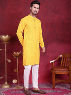 Jompers Men's Sequins Chikankari Embroidered Kurta - Yellow | Grocsy