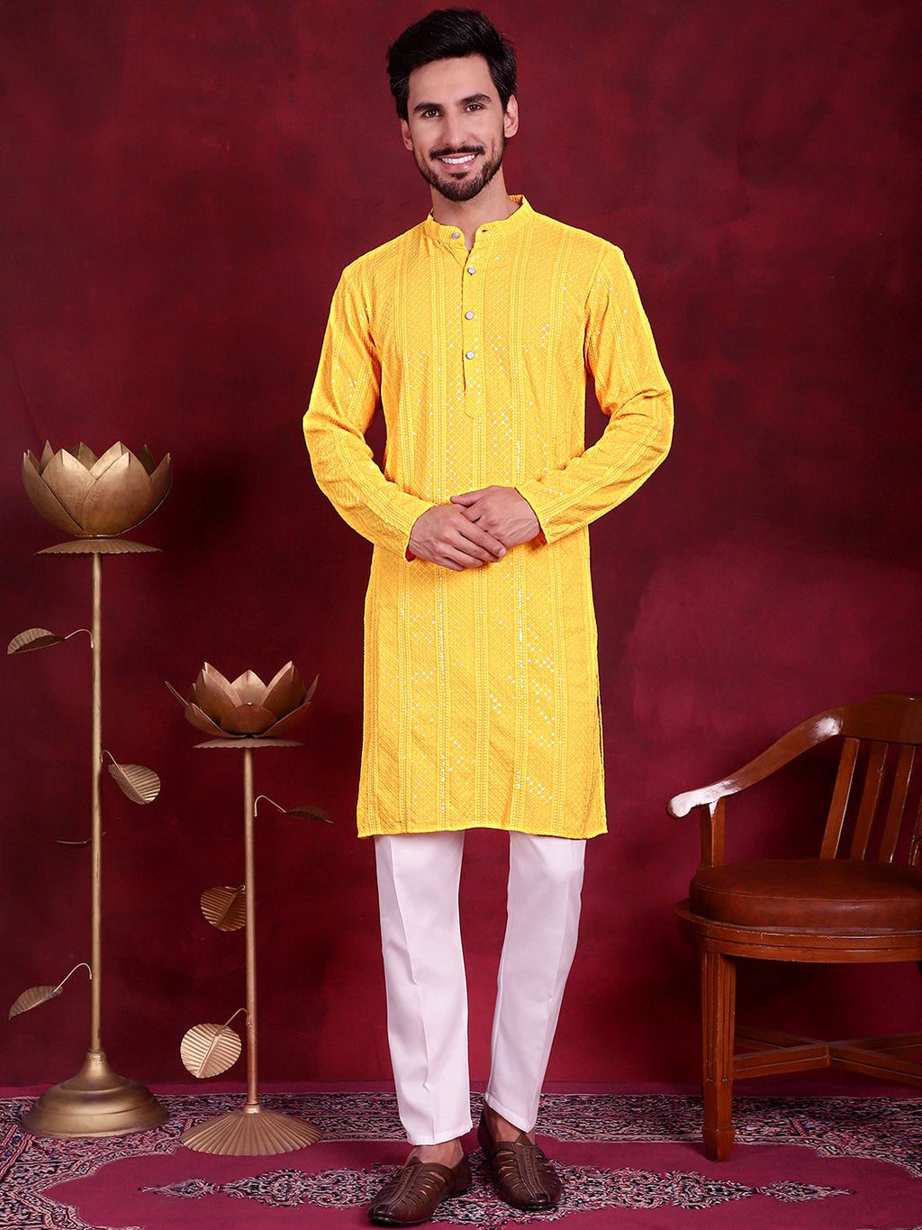 Jompers Men's Sequins Chikankari Embroidered Kurta - Yellow | Grocsy