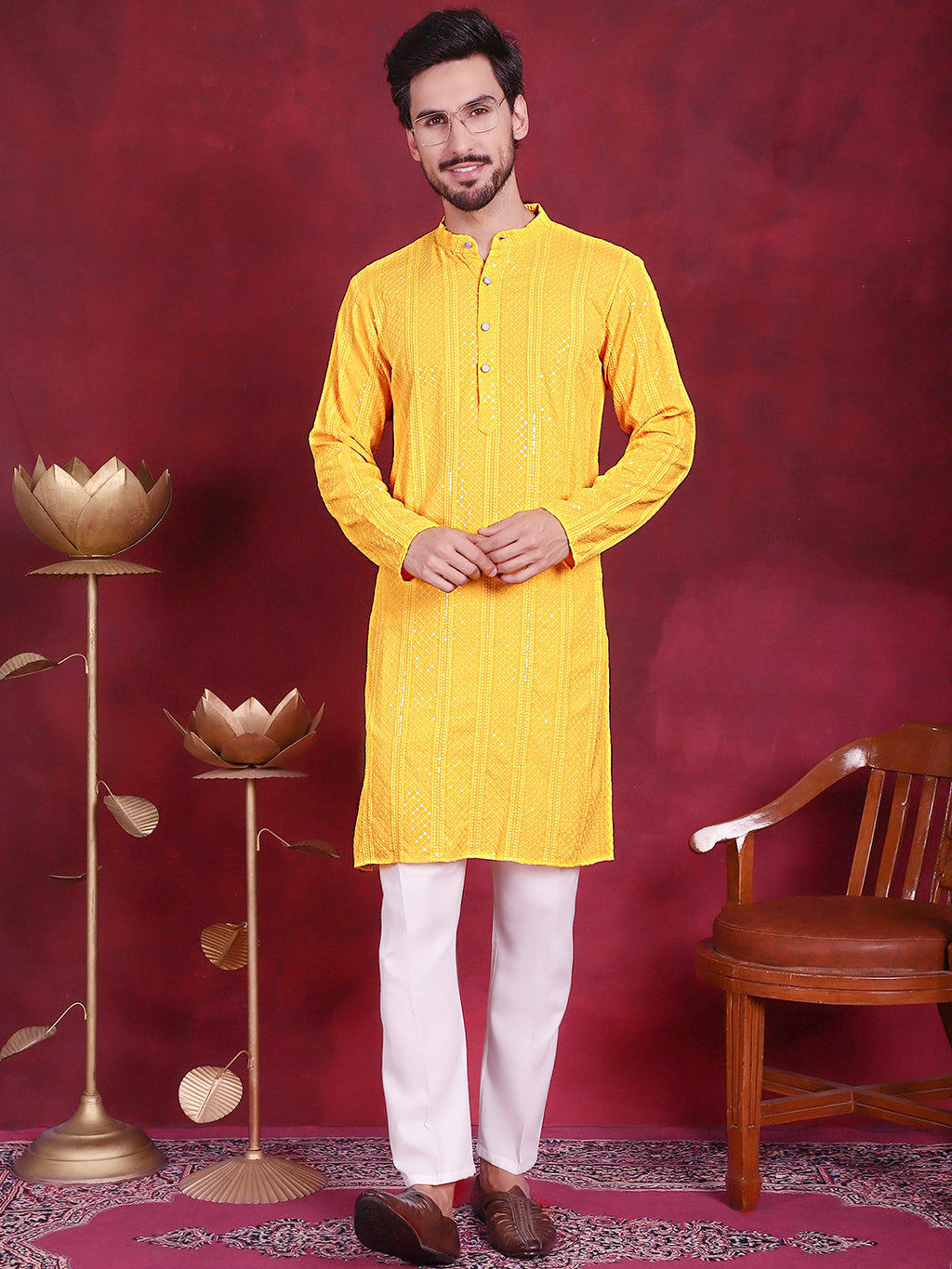 Jompers Men's Sequins Chikankari Embroidered Kurta - Yellow | Grocsy