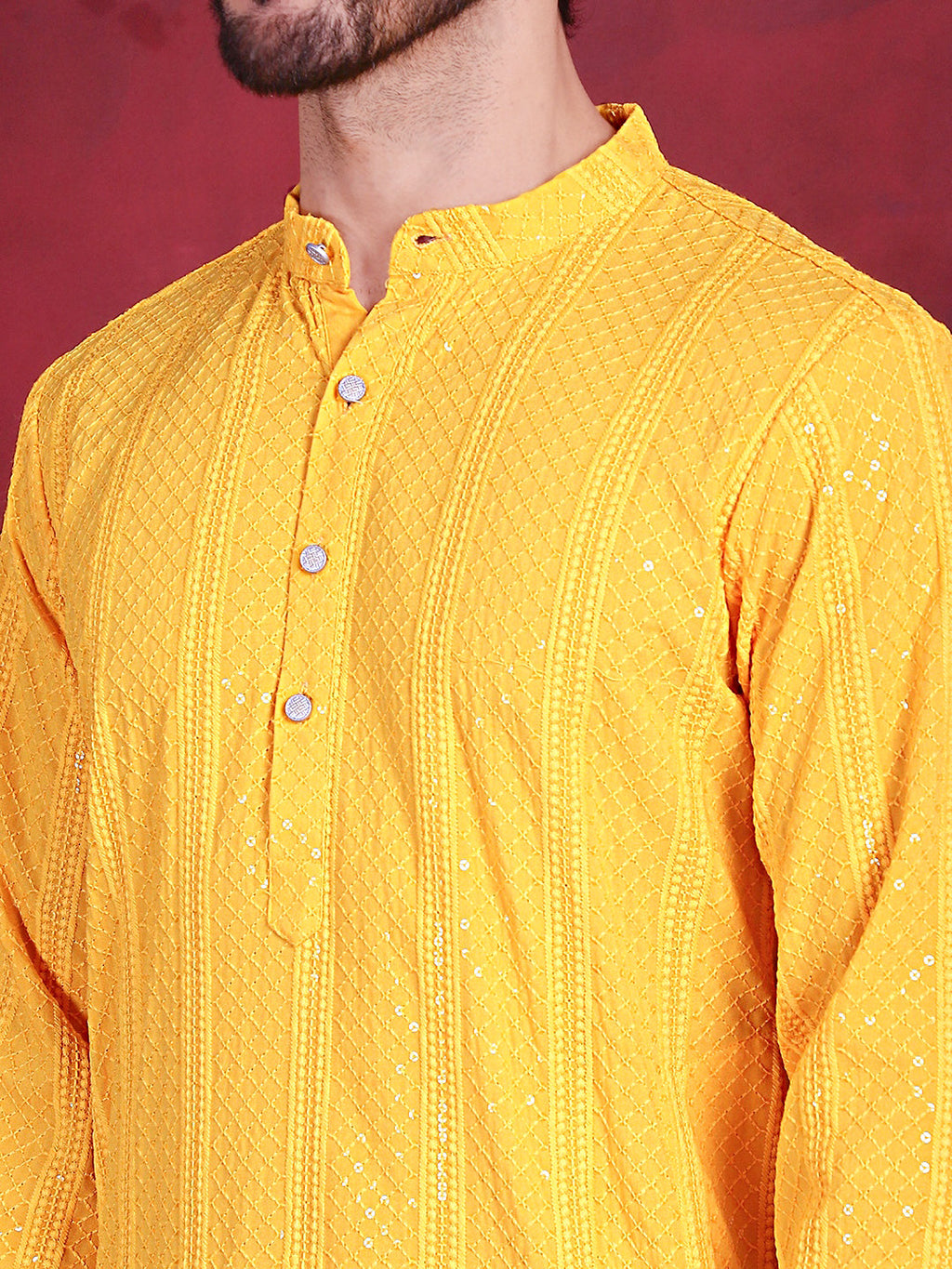 Jompers Men's Sequins Chikankari Embroidered Kurta - Yellow | Grocsy