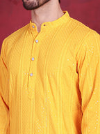 Jompers Men's Sequins Chikankari Embroidered Kurta - Yellow | Grocsy