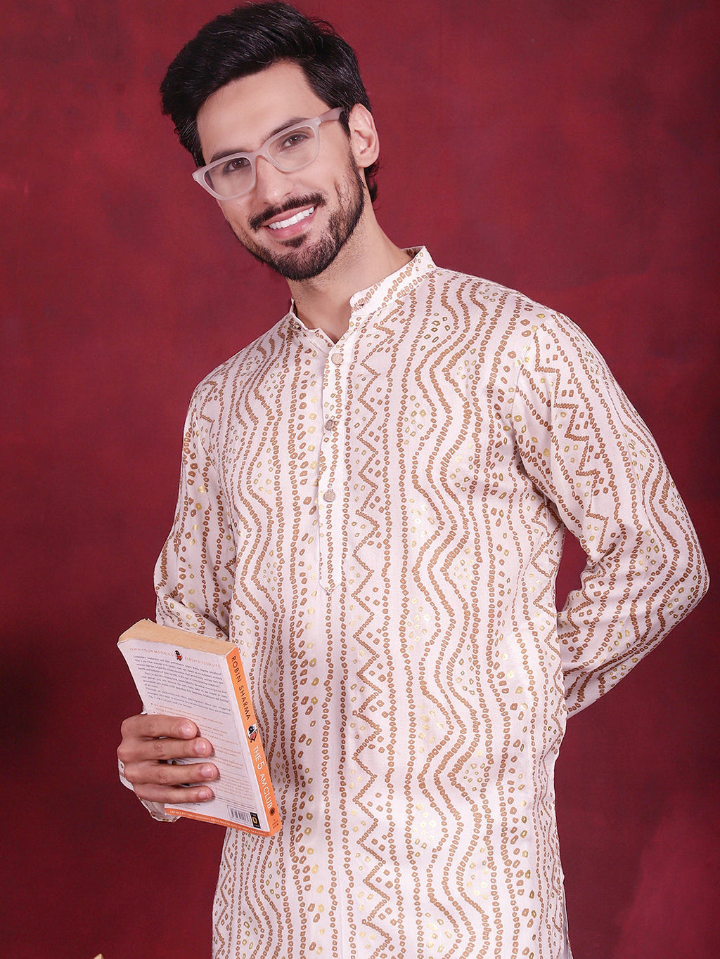 Jompers Men's Bandhani Printed Kurta - Cream | Grocsy