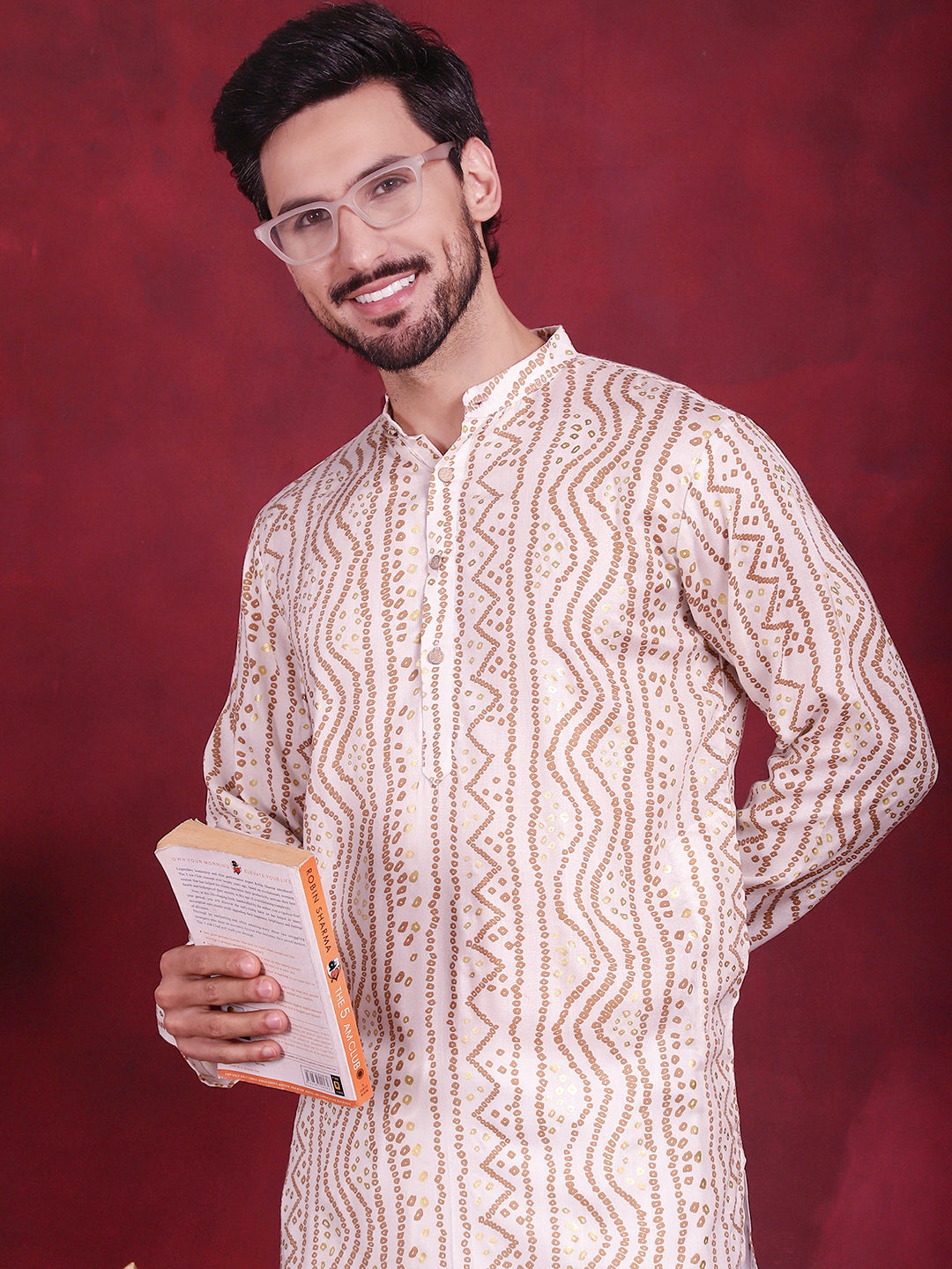 Jompers Men's Bandhani Printed Kurta - Cream | Grocsy
