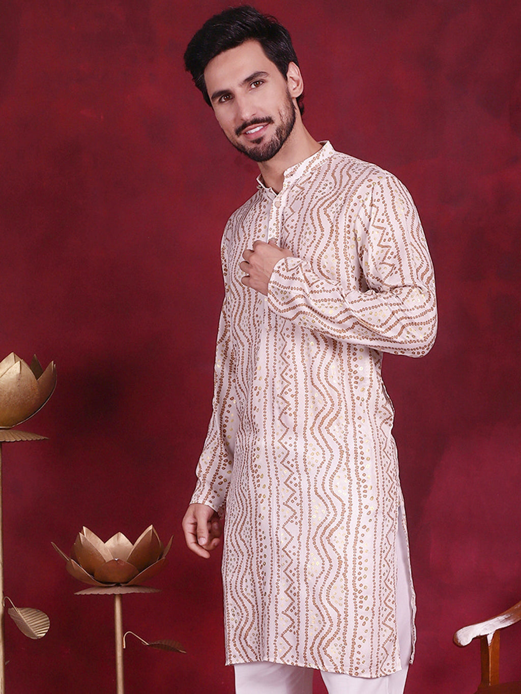 Jompers Men's Bandhani Printed Kurta - Cream | Grocsy