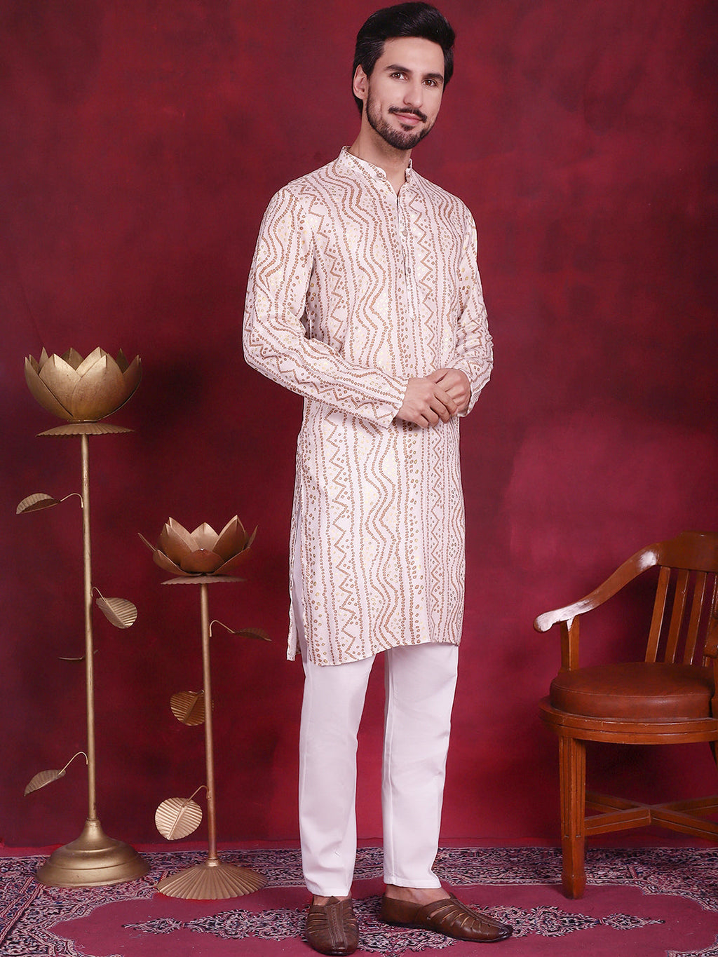 Jompers Men's Bandhani Printed Kurta - Cream | Grocsy
