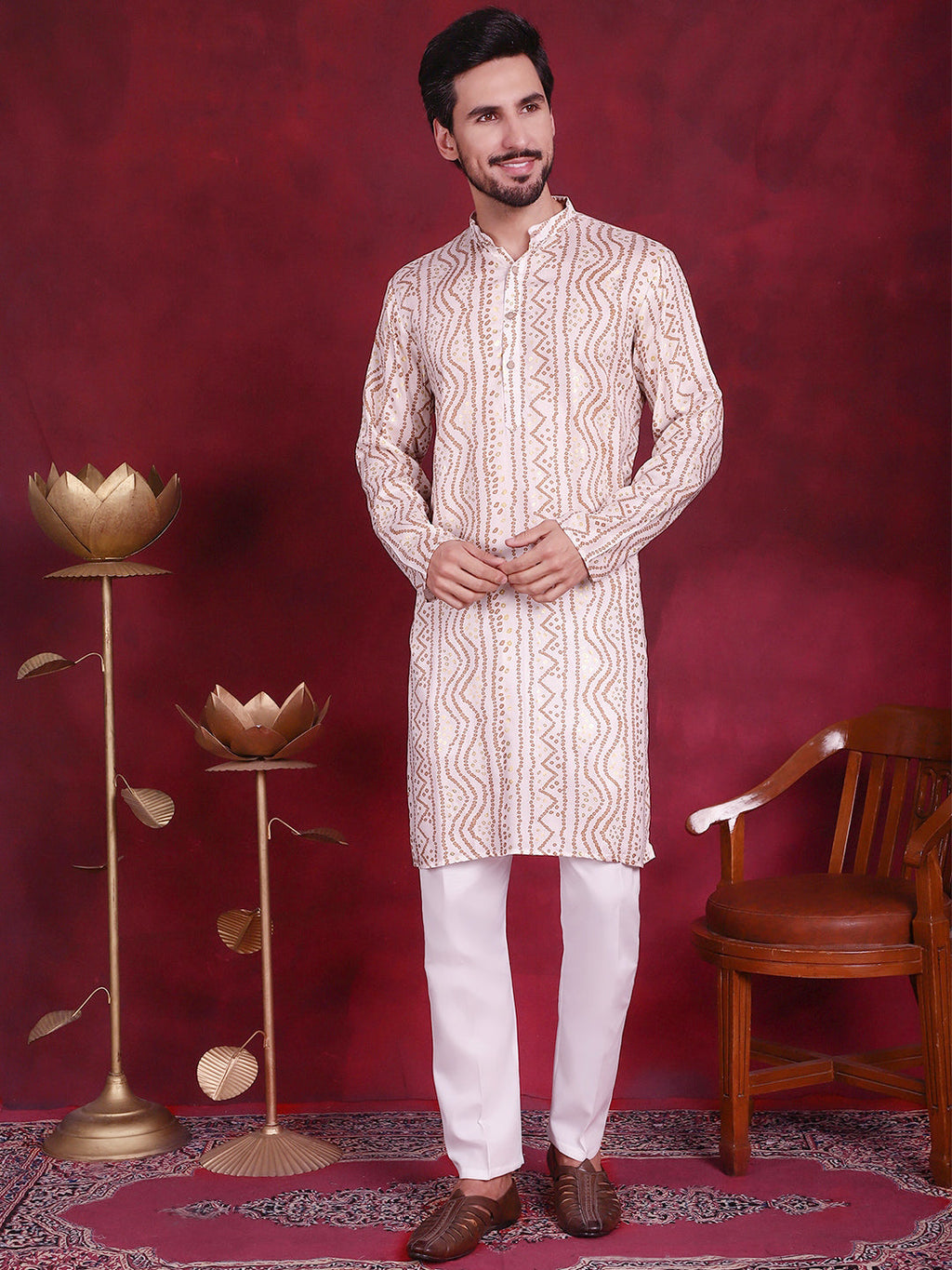 Jompers Men's Bandhani Printed Kurta - Cream | Grocsy