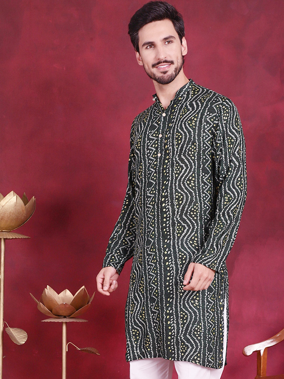 Jompers Men's Bandhani Printed Kurta - Green | Grocsy