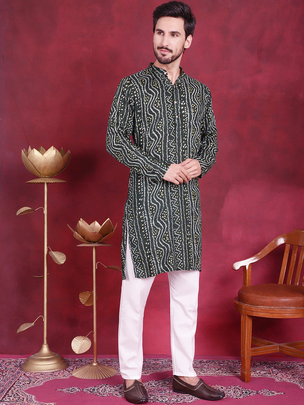 Jompers Men's Bandhani Printed Kurta - Green | Grocsy