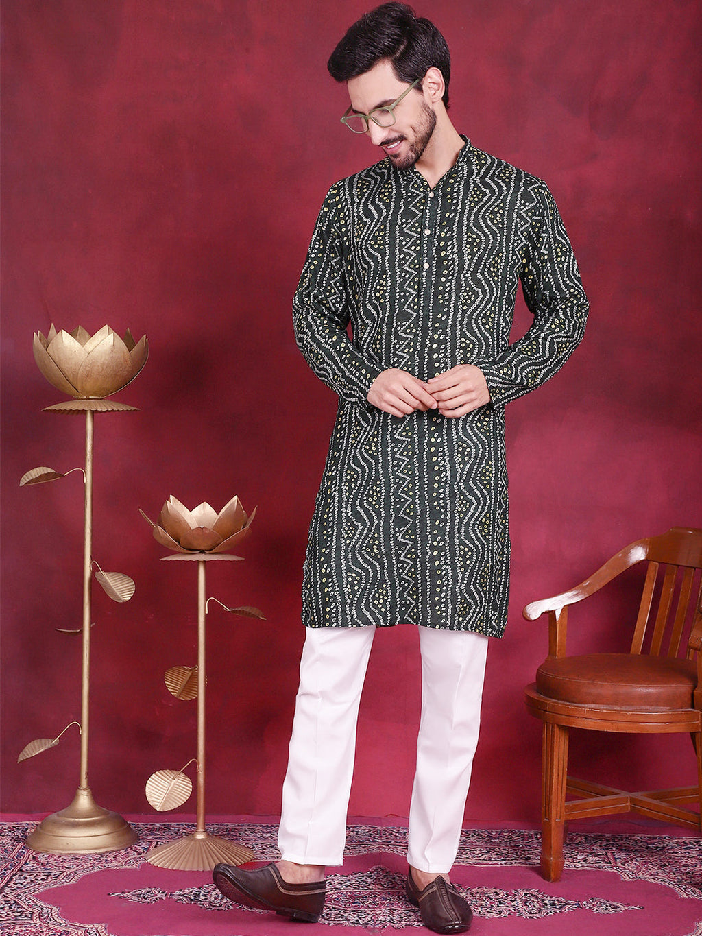 Jompers Men's Bandhani Printed Kurta - Green | Grocsy