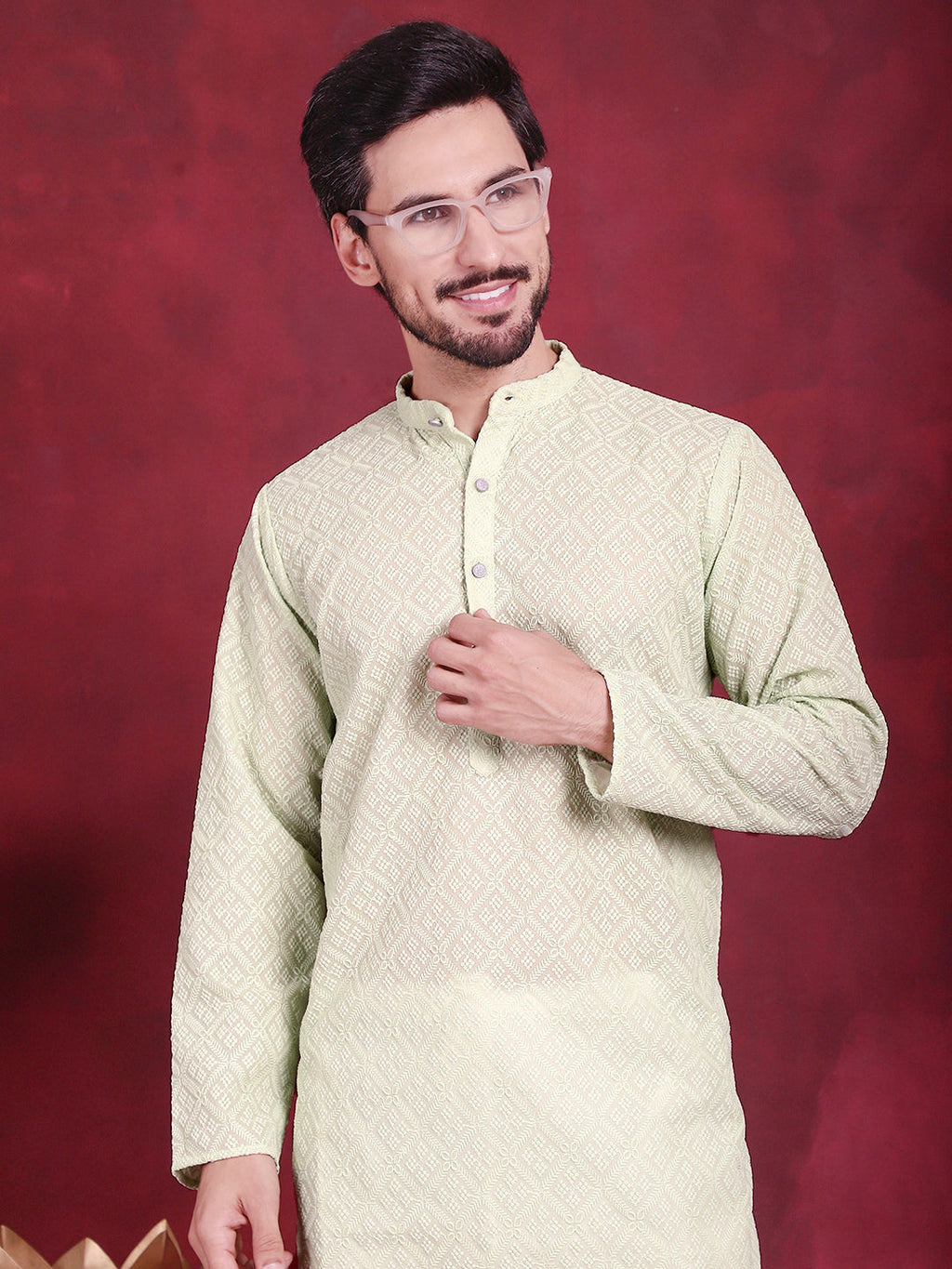 Jompers Men's Chikankari Embroidered Kurta - Pista | Grocsy