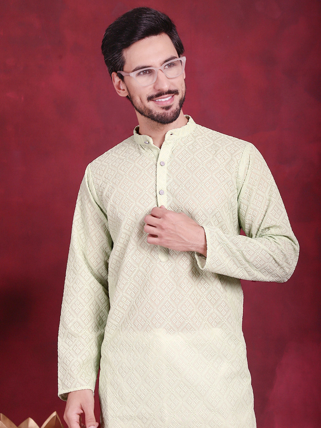 Jompers Men's Chikankari Embroidered Kurta - Pista | Grocsy