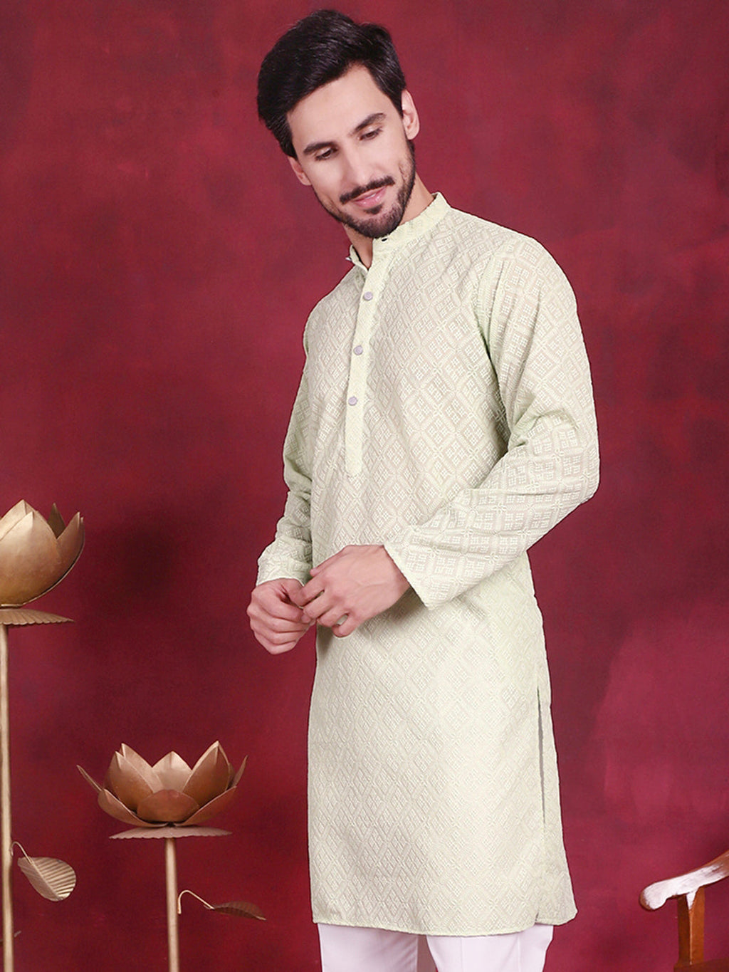 Jompers Men's Chikankari Embroidered Kurta - Pista | Grocsy