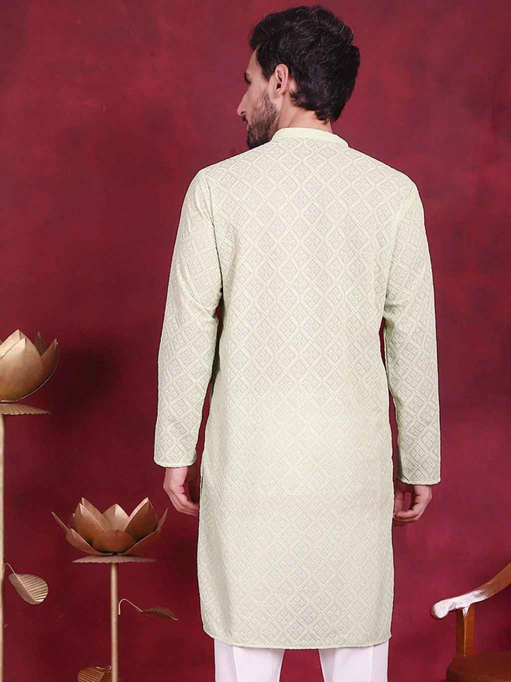 Jompers Men's Chikankari Embroidered Kurta - Pista | Grocsy