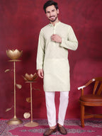 Jompers Men's Chikankari Embroidered Kurta - Pista | Grocsy