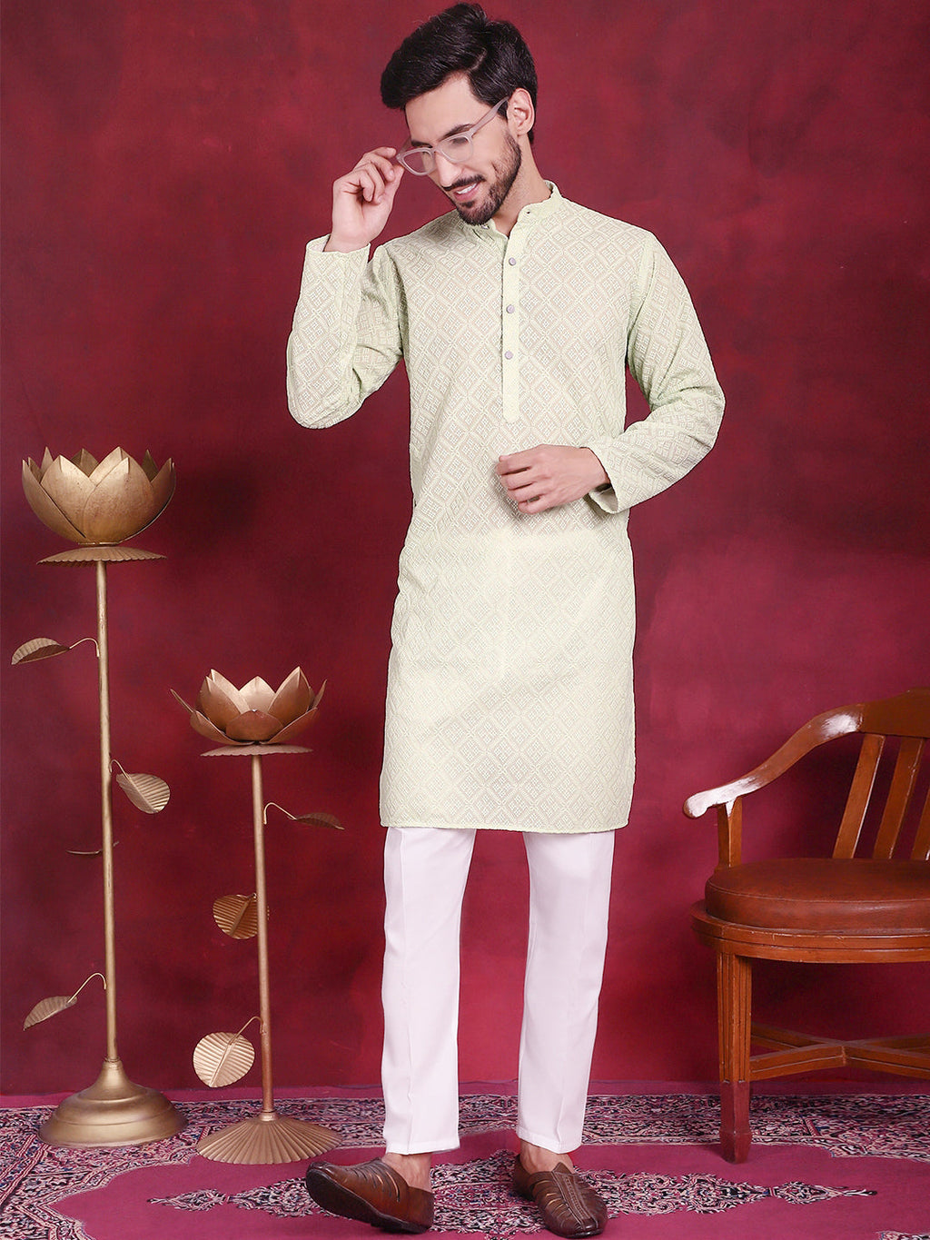 Jompers Men's Chikankari Embroidered Kurta - Pista | Grocsy