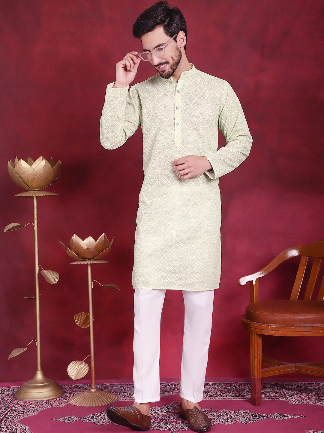 Jompers Men's Chikankari Embroidered Kurta - Pista | Grocsy