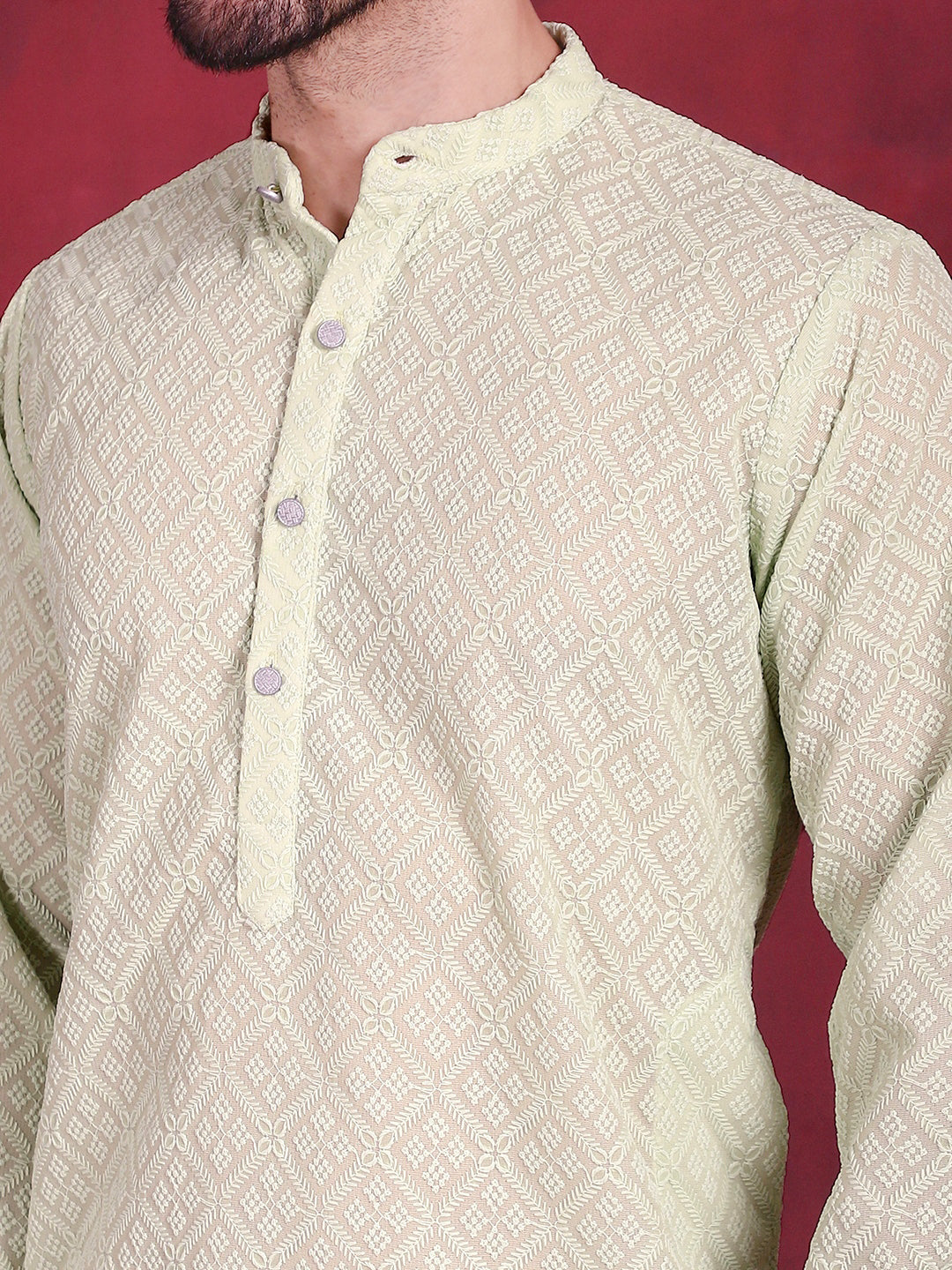 Jompers Men's Chikankari Embroidered Kurta - Pista | Grocsy
